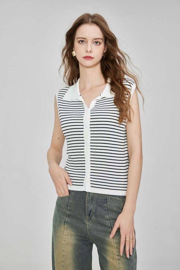 Women's Casual Button Cardigan Sweater Striped Knit POLO Shirt with Notch Collar Lapel and Sleeveless Knitted Vest Pullover