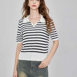 Wholesale Custom Temperament Commuter Office POLO Knitted Top Short Sleeve Striped Notch Collar Rowan Hem Knitted Shirt