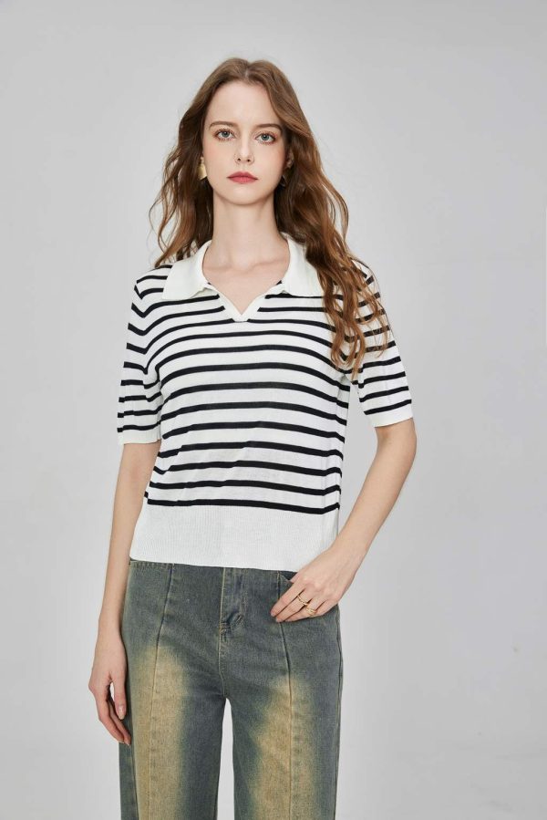 Wholesale Custom Temperament Commuter Office POLO Knitted Top Short Sleeve Striped Notch Collar Rowan Hem Knitted Shirt