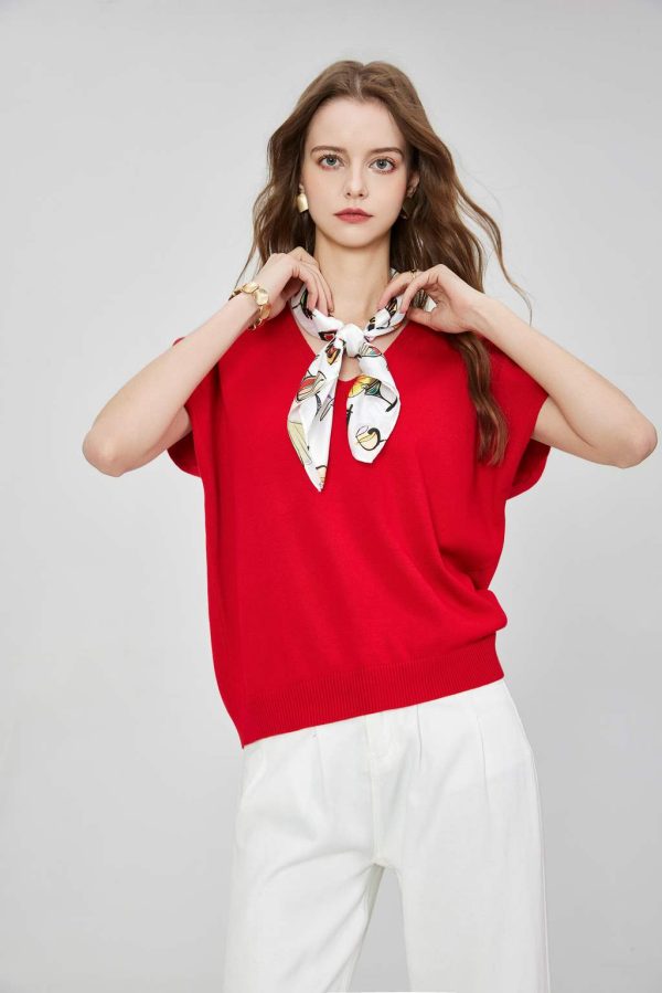 Women's Cap Sleeve Cut Out Knitted Blouses with Silk Scarf Vintage V-neck Ribbed Hem Casual Knit Shirt Tops Pullover Sweater - 图片 3