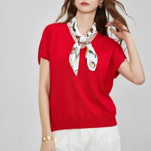 Women's Cap Sleeve Cut Out Knitted Blouses with Silk Scarf Vintage V-neck Ribbed Hem Casual Knit Shirt Tops Pullover Sweater