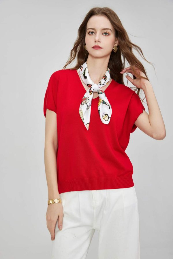 Women's Cap Sleeve Cut Out Knitted Blouses with Silk Scarf Vintage V-neck Ribbed Hem Casual Knit Shirt Tops Pullover Sweater