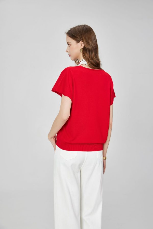 Women's Cap Sleeve Cut Out Knitted Blouses with Silk Scarf Vintage V-neck Ribbed Hem Casual Knit Shirt Tops Pullover Sweater - 图片 4