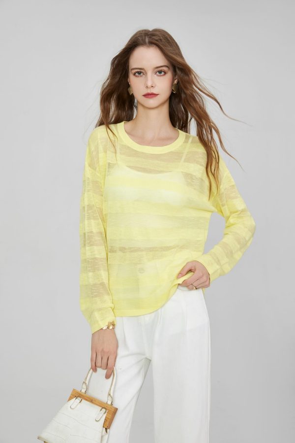 OEM Women's Fine Knit Solid Color Striped Translucent Tops Long Sleeves Round Neck Breathable Sunscreen Knitted Shirt Sweater - 图片 2