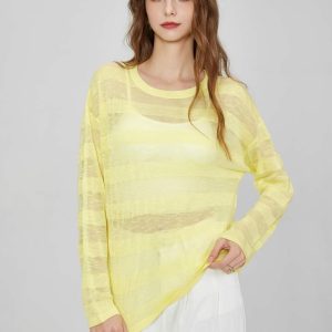 OEM Women's Fine Knit Solid Color Striped Translucent Tops Long Sleeves Round Neck Breathable Sunscreen Knitted Shirt Sweater