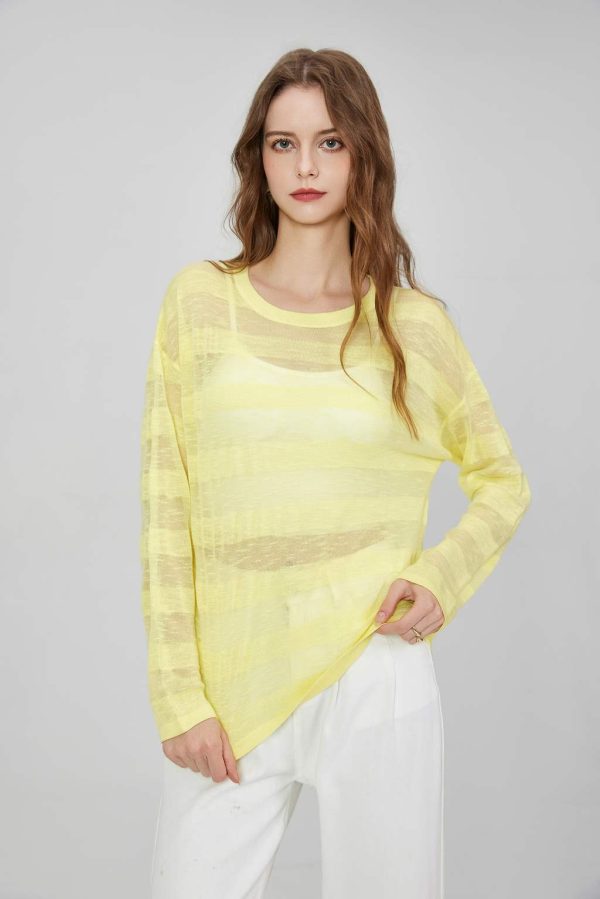 OEM Women's Fine Knit Solid Color Striped Translucent Tops Long Sleeves Round Neck Breathable Sunscreen Knitted Shirt Sweater