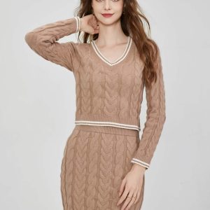 Women's Slim Fit Sexy Knit Cable Cropped Top and Mini Skirt 2-piece Set Wool V-Neck Long Sleeve High Waist Sweater & Knit Skirt