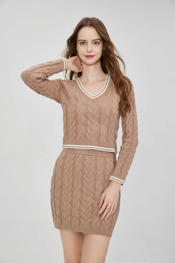 Women's Slim Fit Sexy Knit Cable Cropped Top and Mini Skirt 2-piece Set Wool V-Neck Long Sleeve High Waist Sweater & Knit Skirt