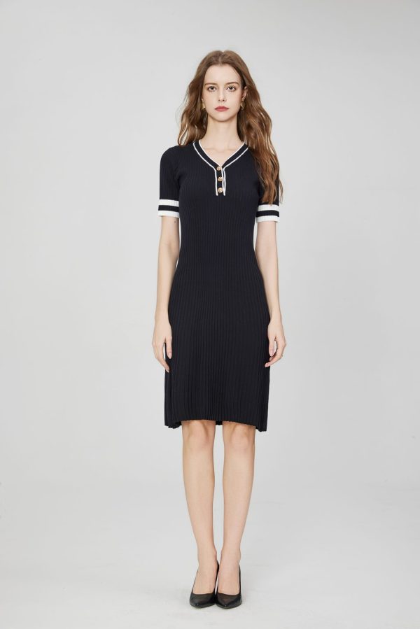 High Quality Women's Casual Knit Short Sleeve Midi Dress Button Collar V Neck Ribbed Two-tone Cuffs Slim Fit A-line Dress - 图片 3