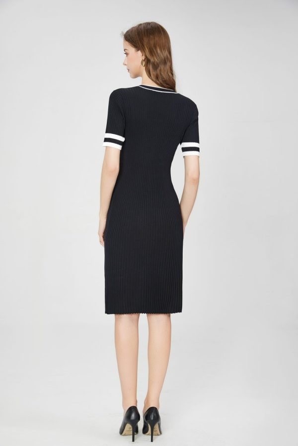High Quality Women's Casual Knit Short Sleeve Midi Dress Button Collar V Neck Ribbed Two-tone Cuffs Slim Fit A-line Dress - 图片 4