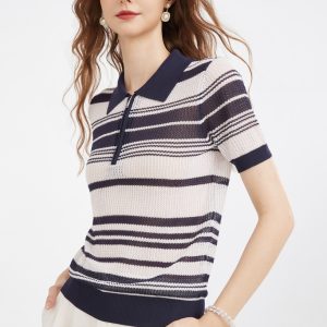 Women's Knitted Half-zip Collar Polo Shirt Temperament commuter Striped Top