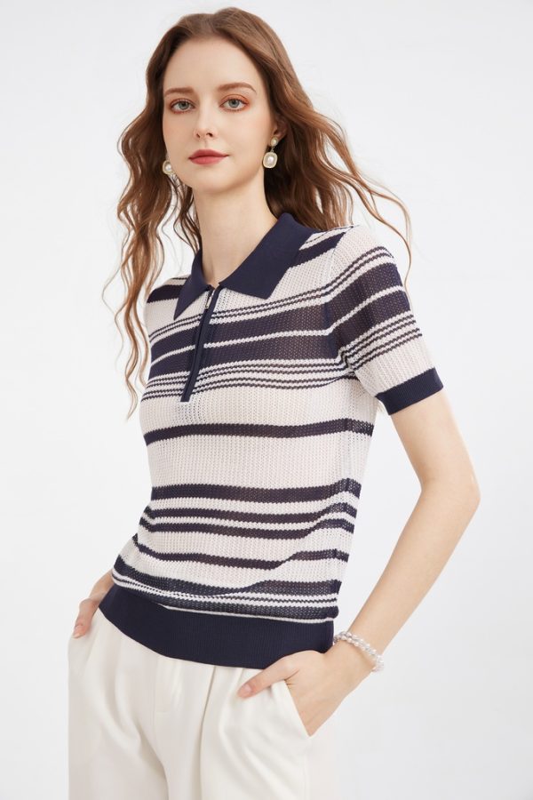 Women's Knitted Half-zip Collar Polo Shirt Temperament commuter Striped Top
