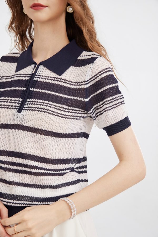 Women's Knitted Half-zip Collar Polo Shirt Temperament commuter Striped Top - 图片 2