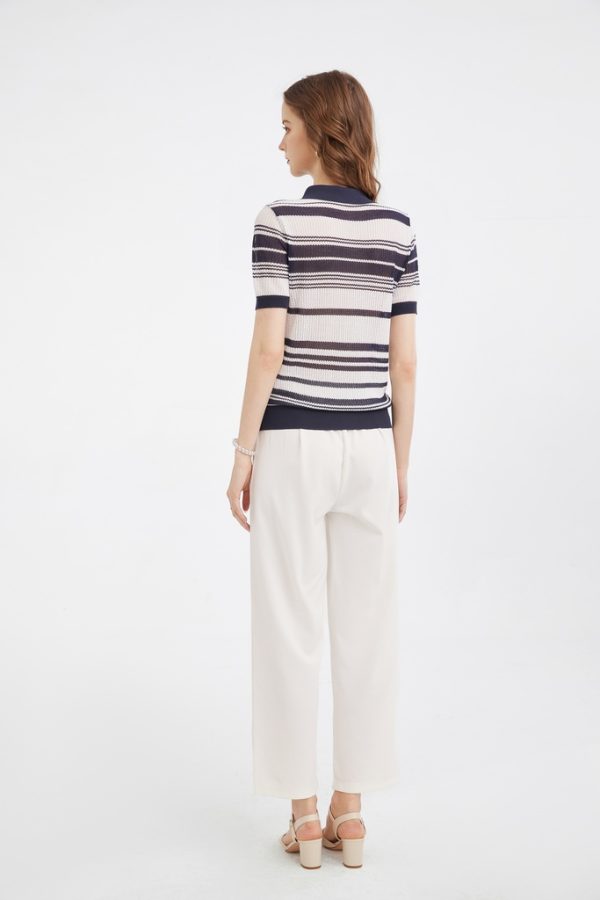 Women's Knitted Half-zip Collar Polo Shirt Temperament commuter Striped Top - 图片 4