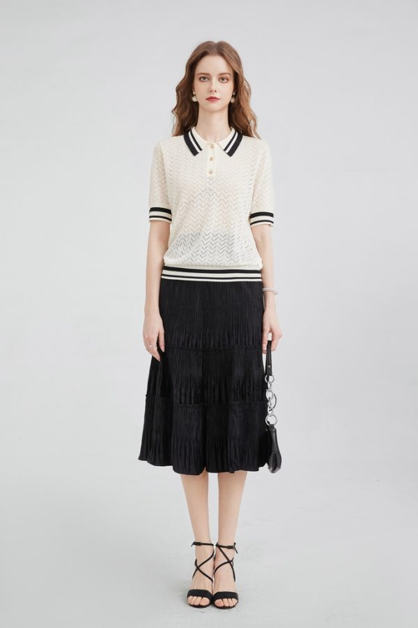 Women's Knitted Hollow Contrasting Color Ribbed Polo Shirt Casual Commuting Short-sleeved Top - 图片 3