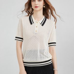 Women's Knitted Hollow Contrasting Color Ribbed Polo Shirt Casual Commuting Short-sleeved Top