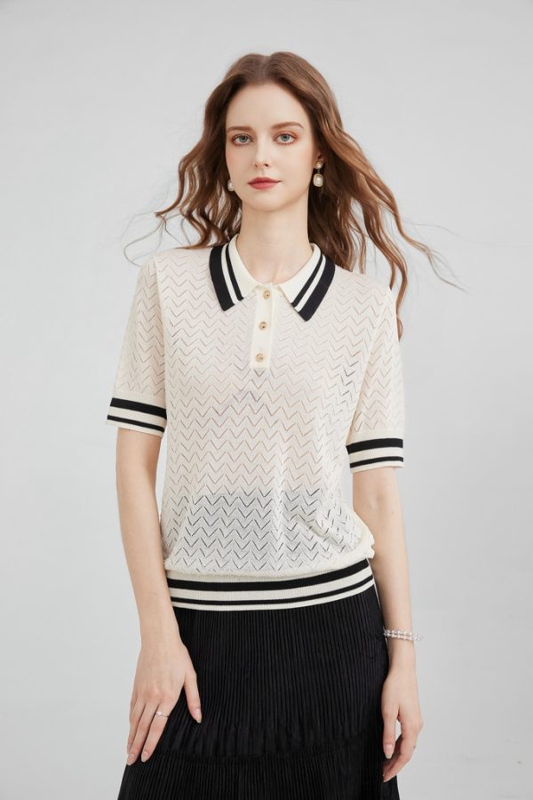 Women's Knitted Hollow Contrasting Color Ribbed Polo Shirt Casual Commuting Short-sleeved Top