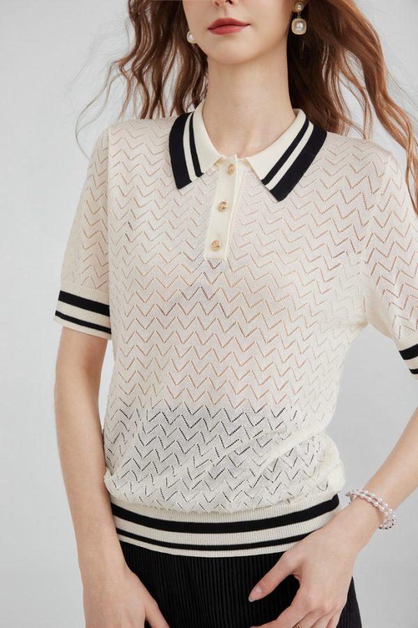Women's Knitted Hollow Contrasting Color Ribbed Polo Shirt Casual Commuting Short-sleeved Top - 图片 2