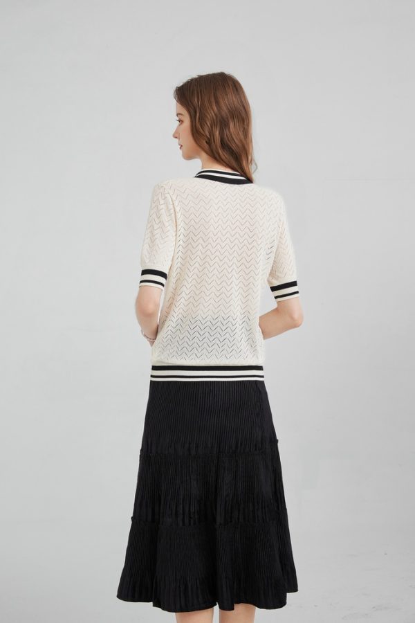 Women's Knitted Hollow Contrasting Color Ribbed Polo Shirt Casual Commuting Short-sleeved Top - 图片 4