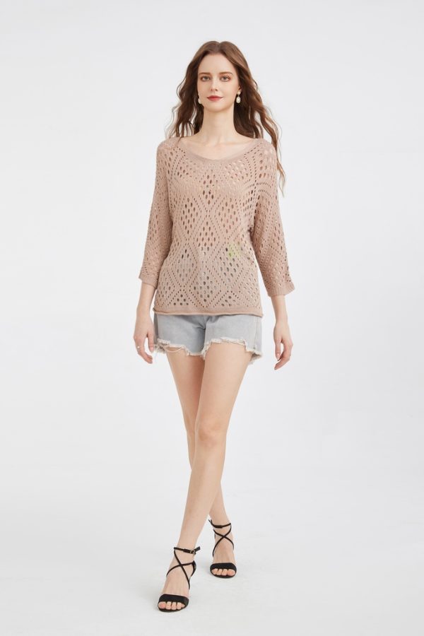 Factory Customized Women's Loose Hollow Style Three-quarter Sleeves Knitwear Breathable Casual Knitted Pullover Top - 图片 3