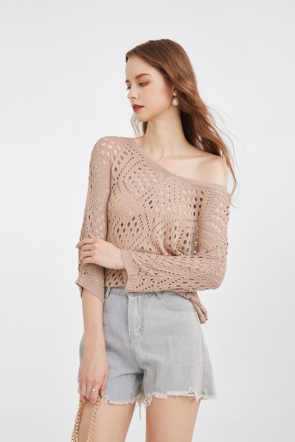 Factory Customized Women's Loose Hollow Style Three-quarter Sleeves Knitwear Breathable Casual Knitted Pullover Top - 图片 2