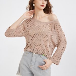 Factory Customized Women's Loose Hollow Style Three-quarter Sleeves Knitwear Breathable Casual Knitted Pullover Top