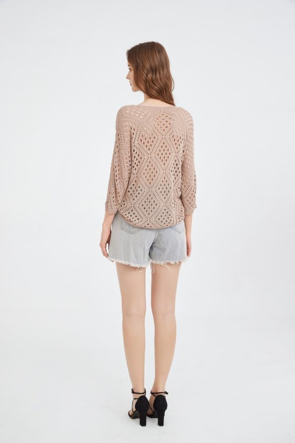 Factory Customized Women's Loose Hollow Style Three-quarter Sleeves Knitwear Breathable Casual Knitted Pullover Top - 图片 4