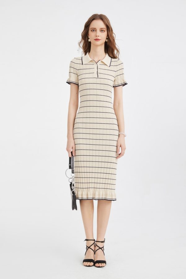 Knitted Midi Dress with Polo Neck Lantern Sleeves Ruffled Skirt Knitted Striped Slim A-line Dress - 图片 3