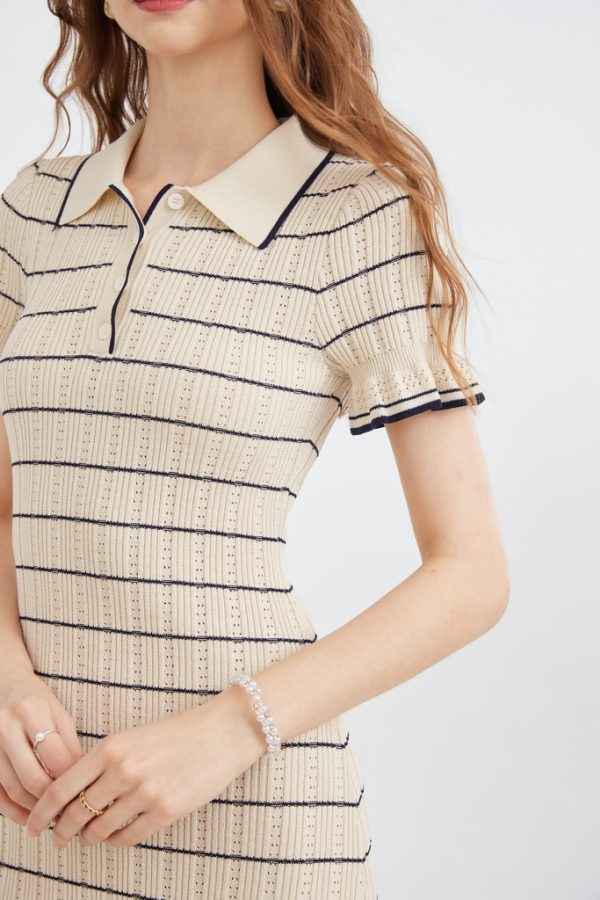 Knitted Midi Dress with Polo Neck Lantern Sleeves Ruffled Skirt Knitted Striped Slim A-line Dress - 图片 2