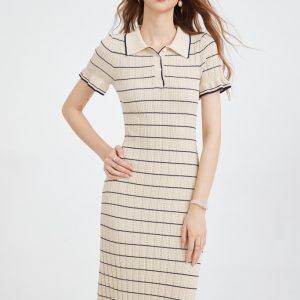 Knitted Midi Dress with Polo Neck Lantern Sleeves Ruffled Skirt Knitted Striped Slim A-line Dress