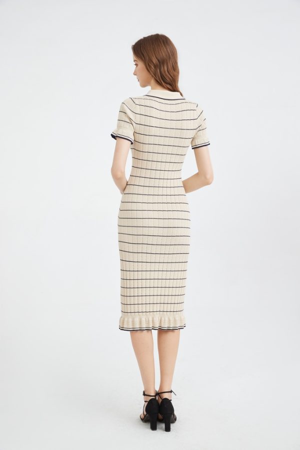 Knitted Midi Dress with Polo Neck Lantern Sleeves Ruffled Skirt Knitted Striped Slim A-line Dress - 图片 4