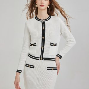 Haute Couture Tweed Blazer Knitted Button Round Neck Cardigan and Hip-hugging Low Waist Double Pocket Mini Skirt 2-piece Set