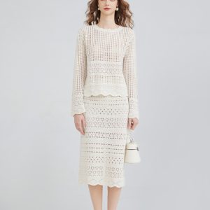 Womens Pointelle Sweater Maxi Skirt Exclusively Women's Knit Beaded Top and Skirt Set