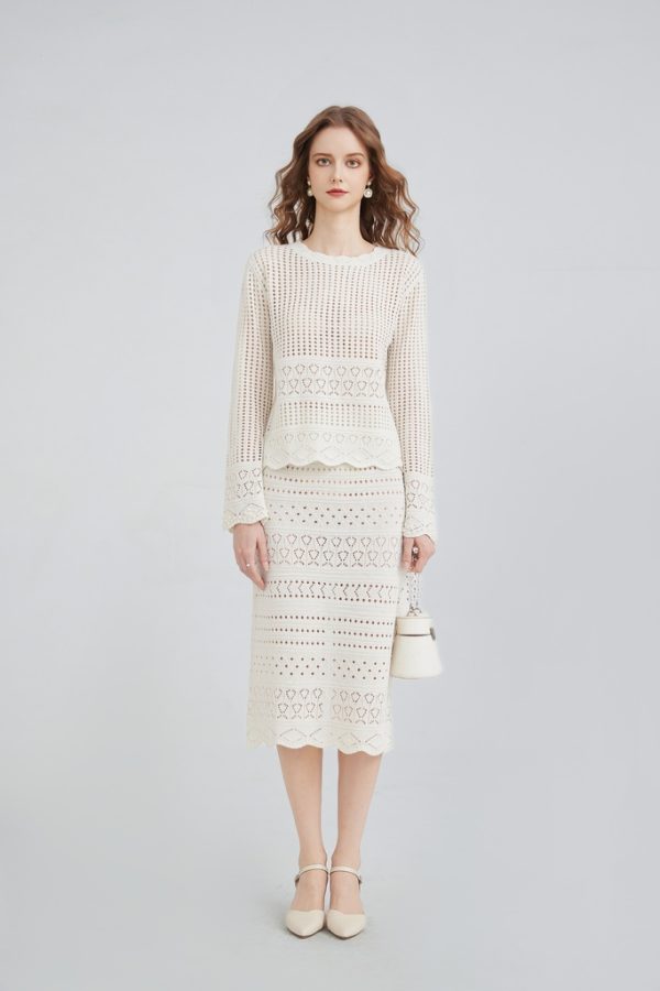 Womens Pointelle Sweater Maxi Skirt Exclusively Women's Knit Beaded Top and Skirt Set
