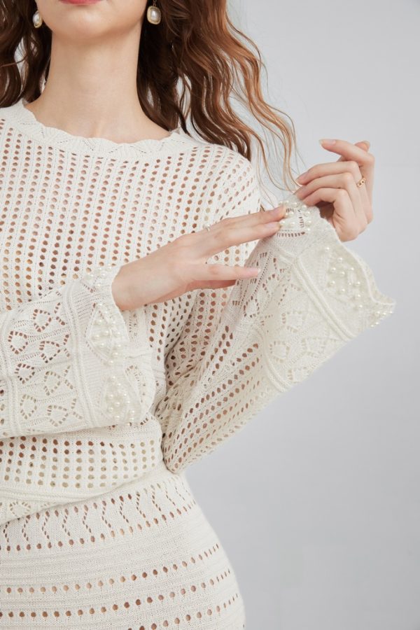 Womens Pointelle Sweater Maxi Skirt Exclusively Women's Knit Beaded Top and Skirt Set - 图片 3
