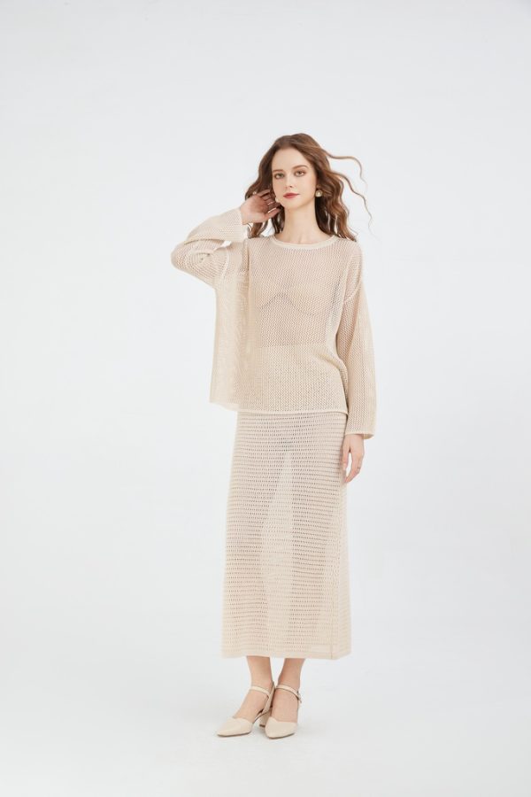 Women's Pointelle Sweater and Maxi Skirt 2-piece Set Knitted Long Sleeve Round Neck Top and A-line Skirt Set - 图片 3