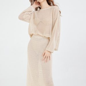 Women's Pointelle Sweater and Maxi Skirt 2-piece Set Knitted Long Sleeve Round Neck Top and A-line Skirt Set