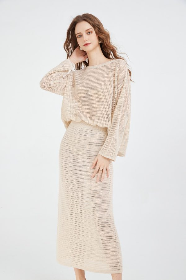 Women's Pointelle Sweater and Maxi Skirt 2-piece Set Knitted Long Sleeve Round Neck Top and A-line Skirt Set