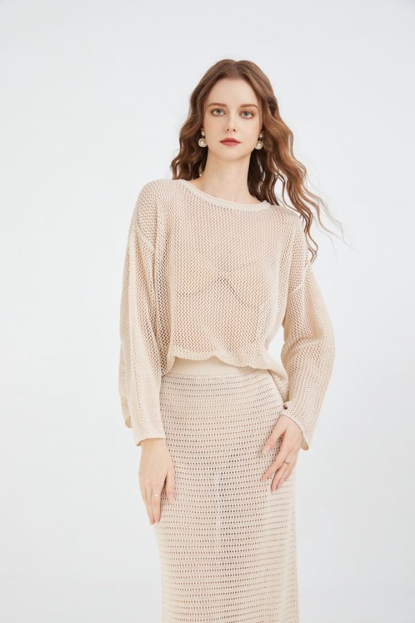 Women's Pointelle Sweater and Maxi Skirt 2-piece Set Knitted Long Sleeve Round Neck Top and A-line Skirt Set - 图片 2