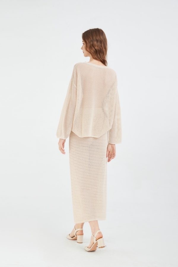 Women's Pointelle Sweater and Maxi Skirt 2-piece Set Knitted Long Sleeve Round Neck Top and A-line Skirt Set - 图片 4