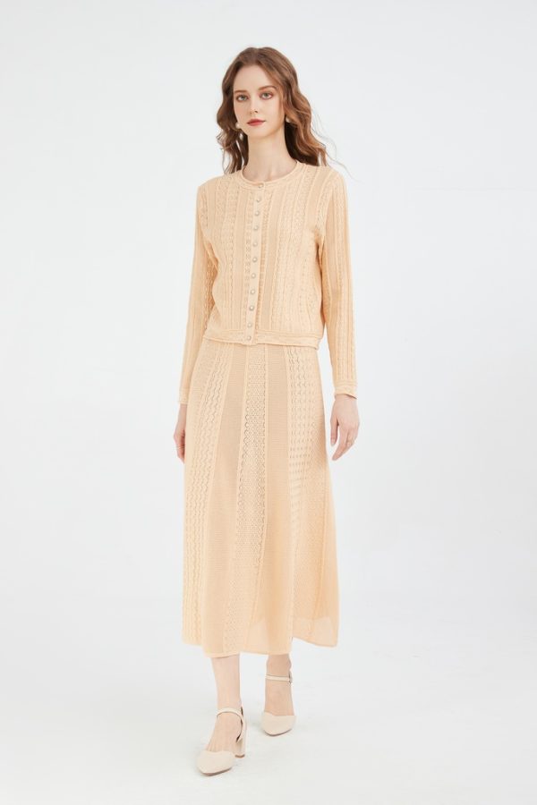 Pointelle-knit Cardigan & Skirt Matching Set Knitted Crew Neck Long-sleeved Cardigan and Midi Skirt Set - 图片 3