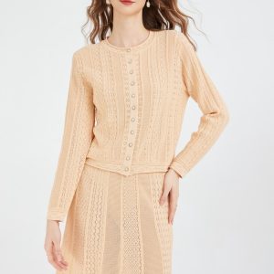 Pointelle-knit Cardigan & Skirt Matching Set Knitted Crew Neck Long-sleeved Cardigan and Midi Skirt Set