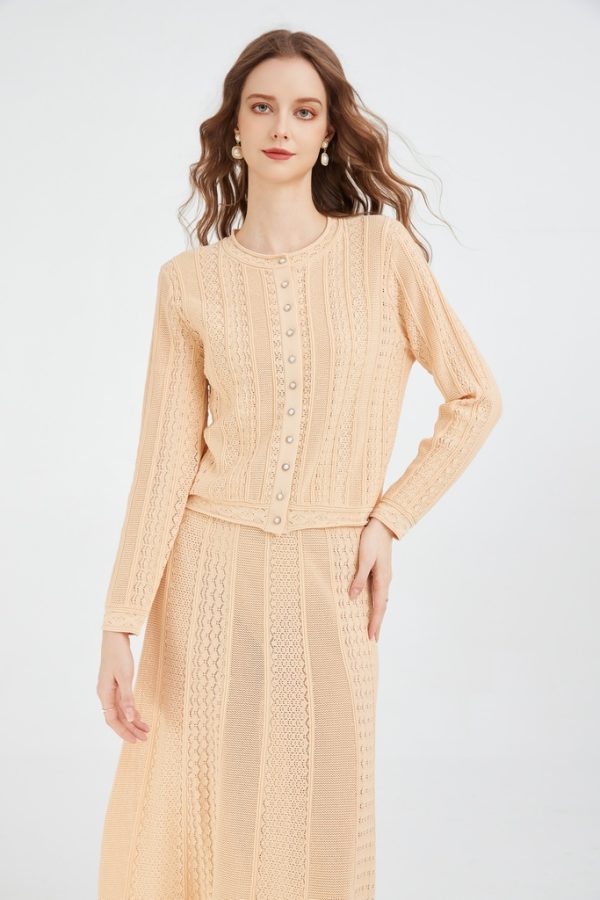 Pointelle-knit Cardigan & Skirt Matching Set Knitted Crew Neck Long-sleeved Cardigan and Midi Skirt Set