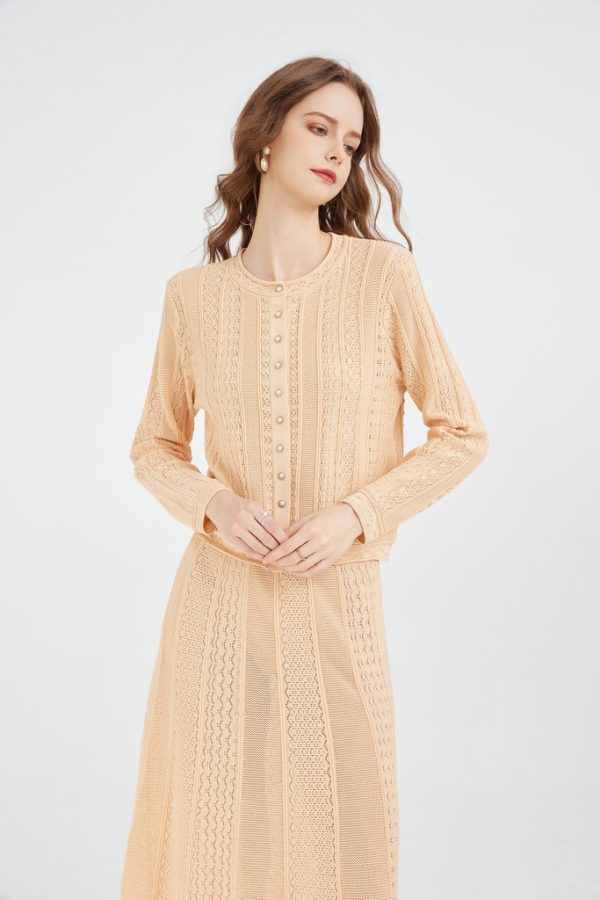 Pointelle-knit Cardigan & Skirt Matching Set Knitted Crew Neck Long-sleeved Cardigan and Midi Skirt Set - 图片 2