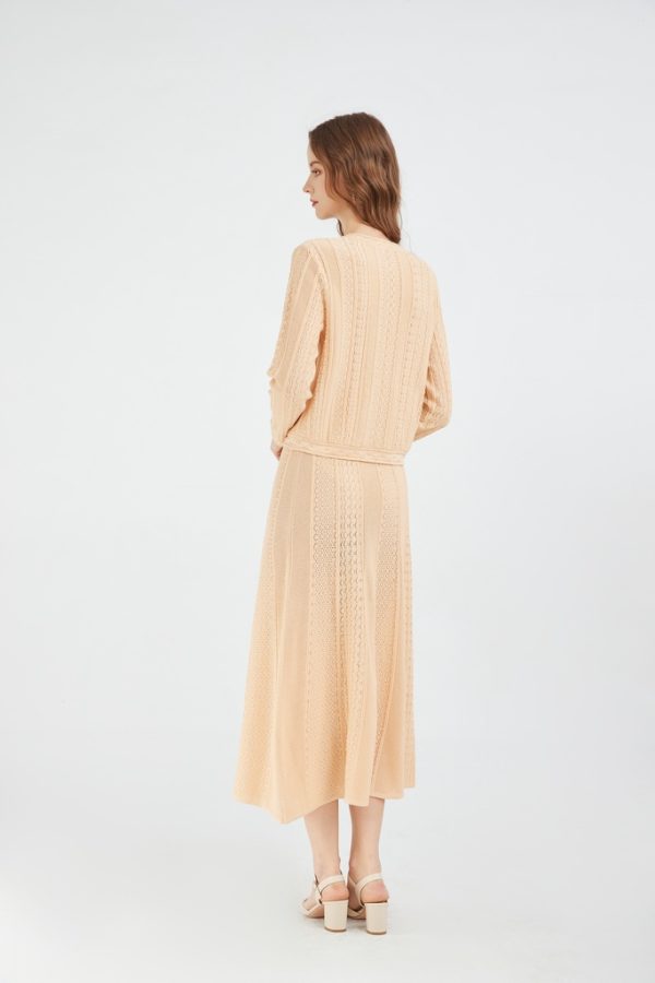 Pointelle-knit Cardigan & Skirt Matching Set Knitted Crew Neck Long-sleeved Cardigan and Midi Skirt Set - 图片 4