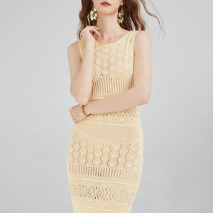 Customized Bohemian Style Beach Maxi Dress Hollow Sleeveless O-neck Slim Bodycon Long Dress for Lady Women's Knitwear