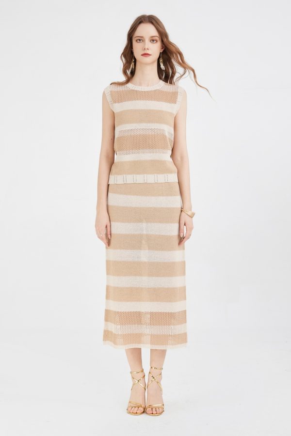 Women's Knitted tank Top and Midi Skirt 2-piece Set Striped Round Neck Cap Sleeve Top and Slim Straight Skirt Set - 图片 3