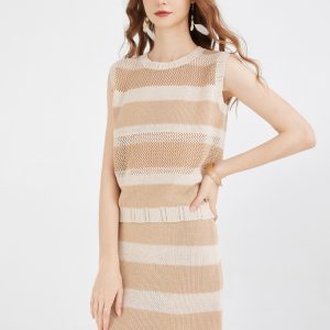 Women's Knitted tank Top and Midi Skirt 2-piece Set Striped Round Neck Cap Sleeve Top and Slim Straight Skirt Set
