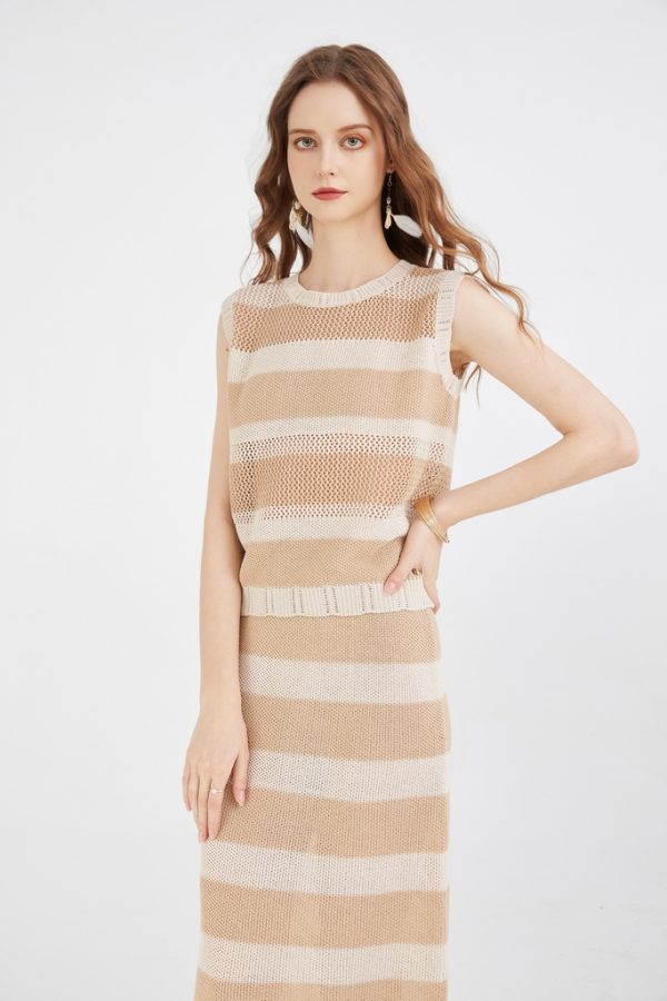 Women's Knitted tank Top and Midi Skirt 2-piece Set Striped Round Neck Cap Sleeve Top and Slim Straight Skirt Set