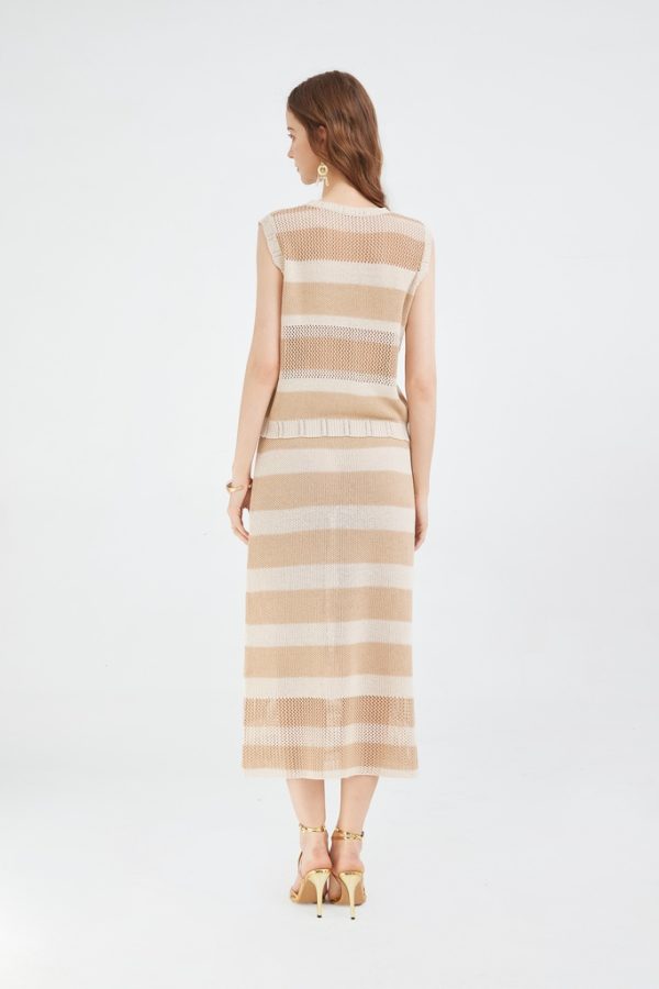 Women's Knitted tank Top and Midi Skirt 2-piece Set Striped Round Neck Cap Sleeve Top and Slim Straight Skirt Set - 图片 4